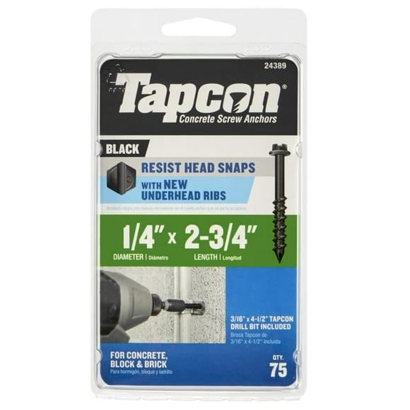 Anclaje de tornillo Tapcon 1/4" x 7 cm con cabeza hexagonal negra, paquete de 75 unidades