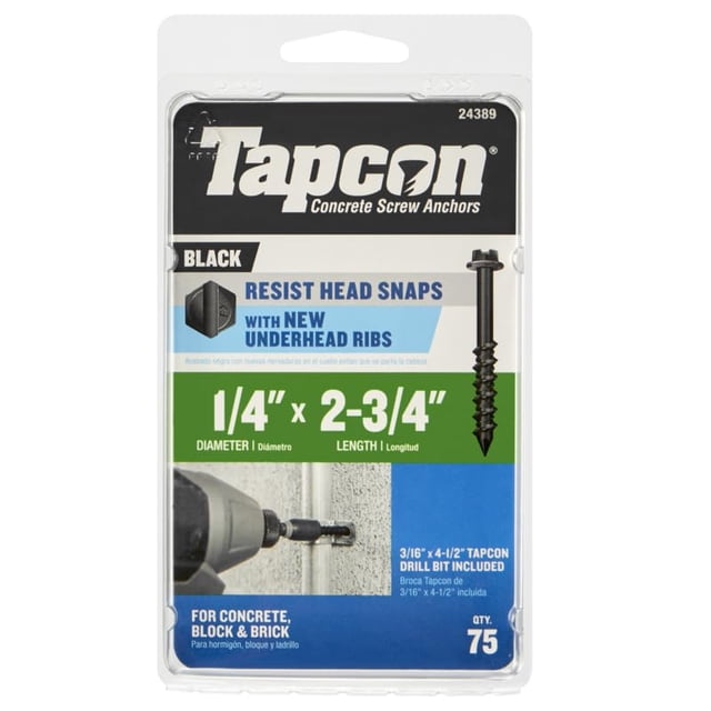Anclaje de tornillo Tapcon 1/4" x 7 cm con cabeza hexagonal negra, paquete de 75 unidades