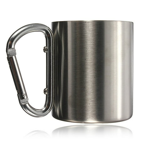 7.5 OZ Portable Cup Outdoor Camping Cup Stainless Steel Coffee Mug Travel Mug Carabiner Hook Double (Best Titanium Camping Cup)