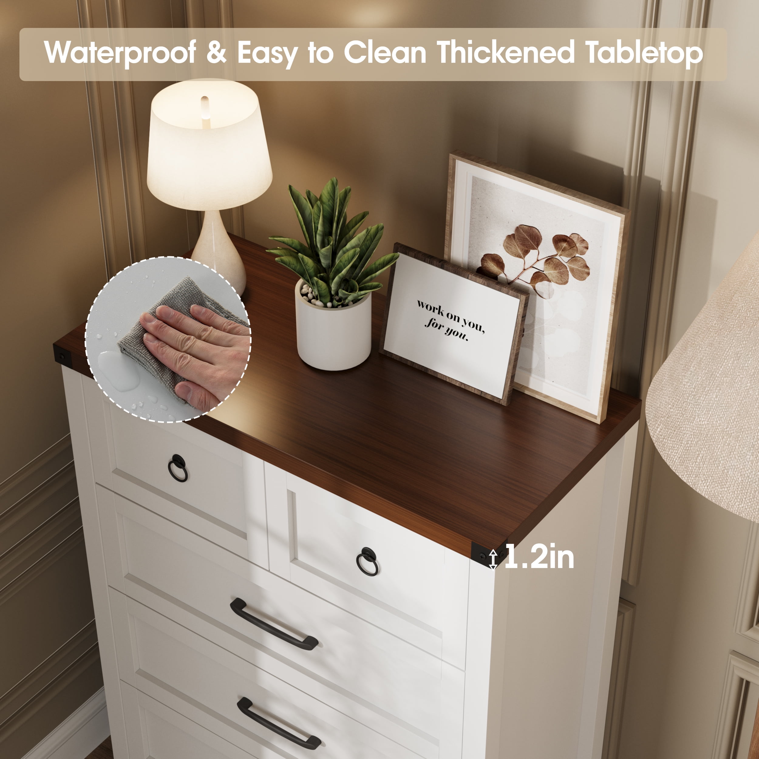 Vabches White 5 Drawer Dresser 41.3" Tall, Wood Wide Chest of Drawers for Bedroom Entryway Living Room Closets