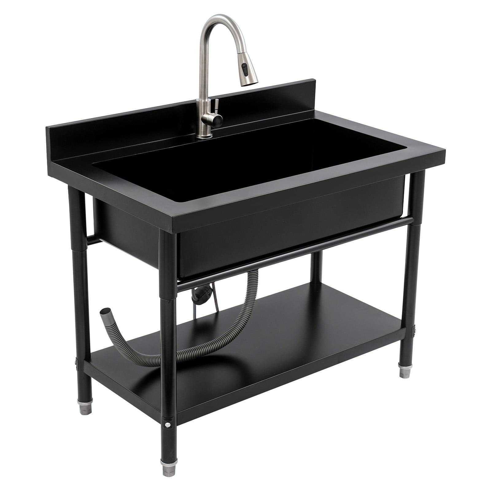 ToppiJoy Stainless Steel Single Bowl Utility Sink, Freestanding Laundry Sink with Pull-Out Faucet for Laundry Room Indoor Outdoor (Black)