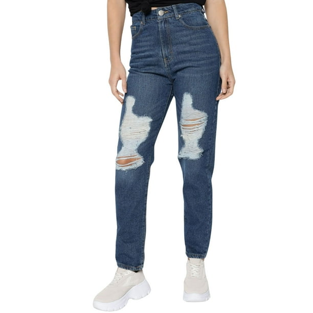 Pantalon De Mezclilla Para Mujer Mom Jeans Casual Rotos Walmart