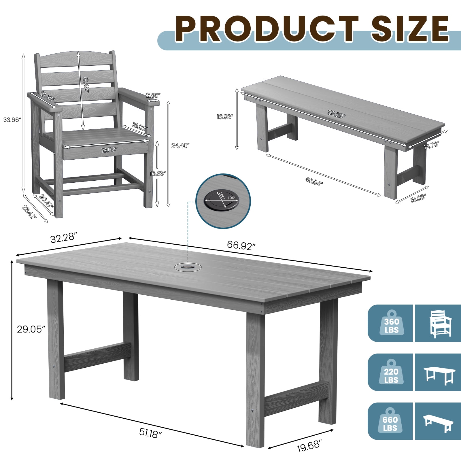 LOYALICE 6 Pieces Patio Furniture Set, HDPE Outdoor Dining Table Set with 1 Bench, 4 Chairs, Durable and Weather-Resistant for Patio, Garden and Balcony Use, Gray