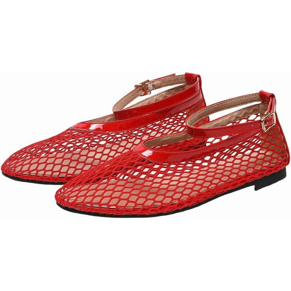 Women's Comfort Flats - Breathable Netting Dress Shoes with Adjustable Strap, Office & Casual Wear