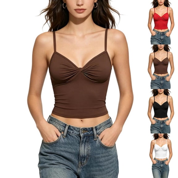 Bxsruta Women's Crop Tank Top with Built in Bra V Neck Ruched Cami Form Fitting Sleeveless Summer Top