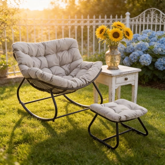 KIOOTTO Oversized Egg Rocking Chair with Ottoman, Modern Outdoor Wicker Swivel Egg Chair with 5" Thick Cushions, Light Gray
