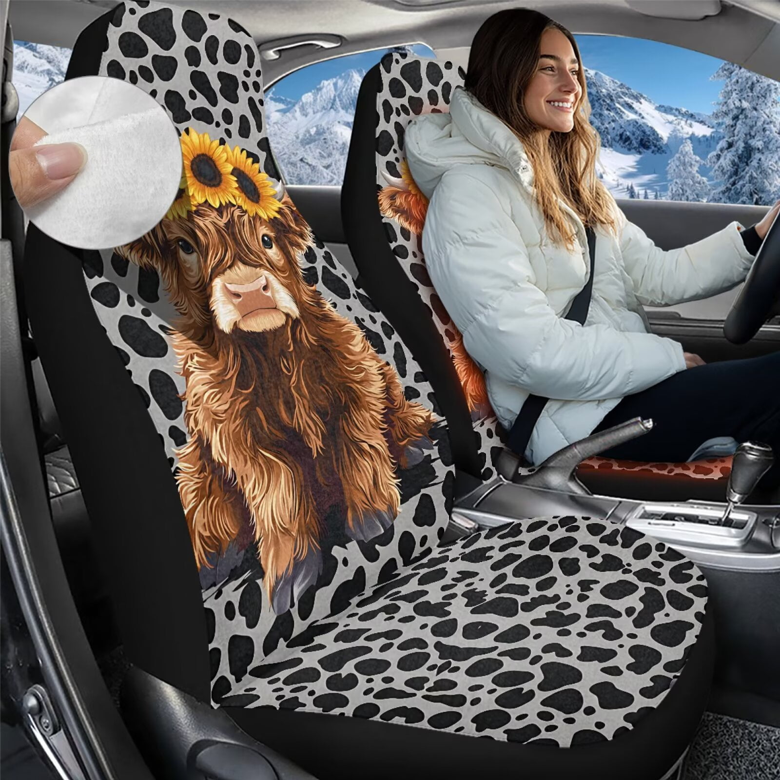 Uorisanigo Car Seat Covers, 2 Pack Front Seat Covers, Fluffy Baby Highland Cow Print Automotive Seats Cover for Auto Interior Accessories with Soft Fuzzy Non-Slip
