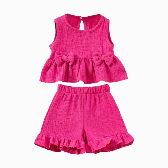 Splozh Toddler Baby Girl Outfits Toddler Girl Summer Clothes Baby Solid Color Linen Bows Ruffle Tank Tops Short Set Hot Pink,9-12 Months