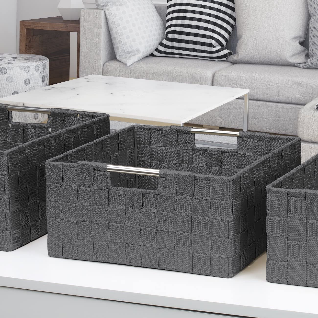 Sorbus Storage Box Woven Basket Bin Container Tote Cube Organizer Set Stackable Storage Basket Woven Strap Shelf Organizer Built-In Carry Handles (Woven Basket Set - 3 Piece, Gray)