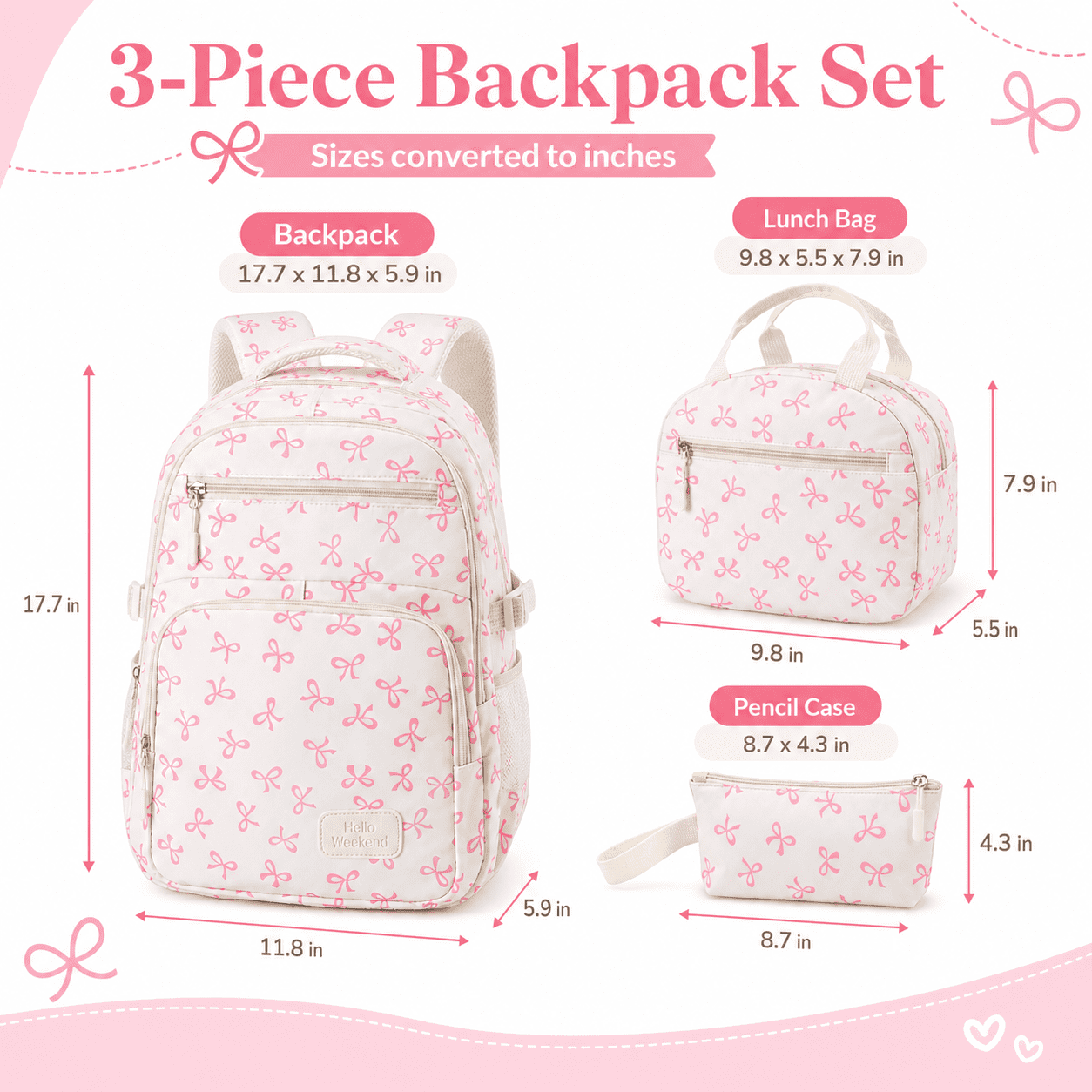Soda Candy Girls Backpack Set 3pcs Coquette Bow School Bookbag for Kids Cute Kawaii Printed Book Bag with Lunch Bag Pencil Pouch