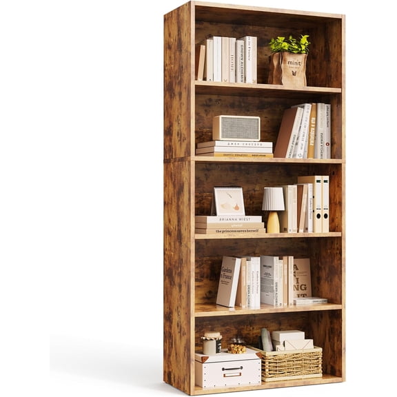 5 Tier Bookshelf with Storage Wooden Bookcase Tall Book Shelf, Standing Bookcases Organizer Adjustable Display Storage Shelves Sturdy for Bedroom Living Room Home Office 53''H Oak Brown