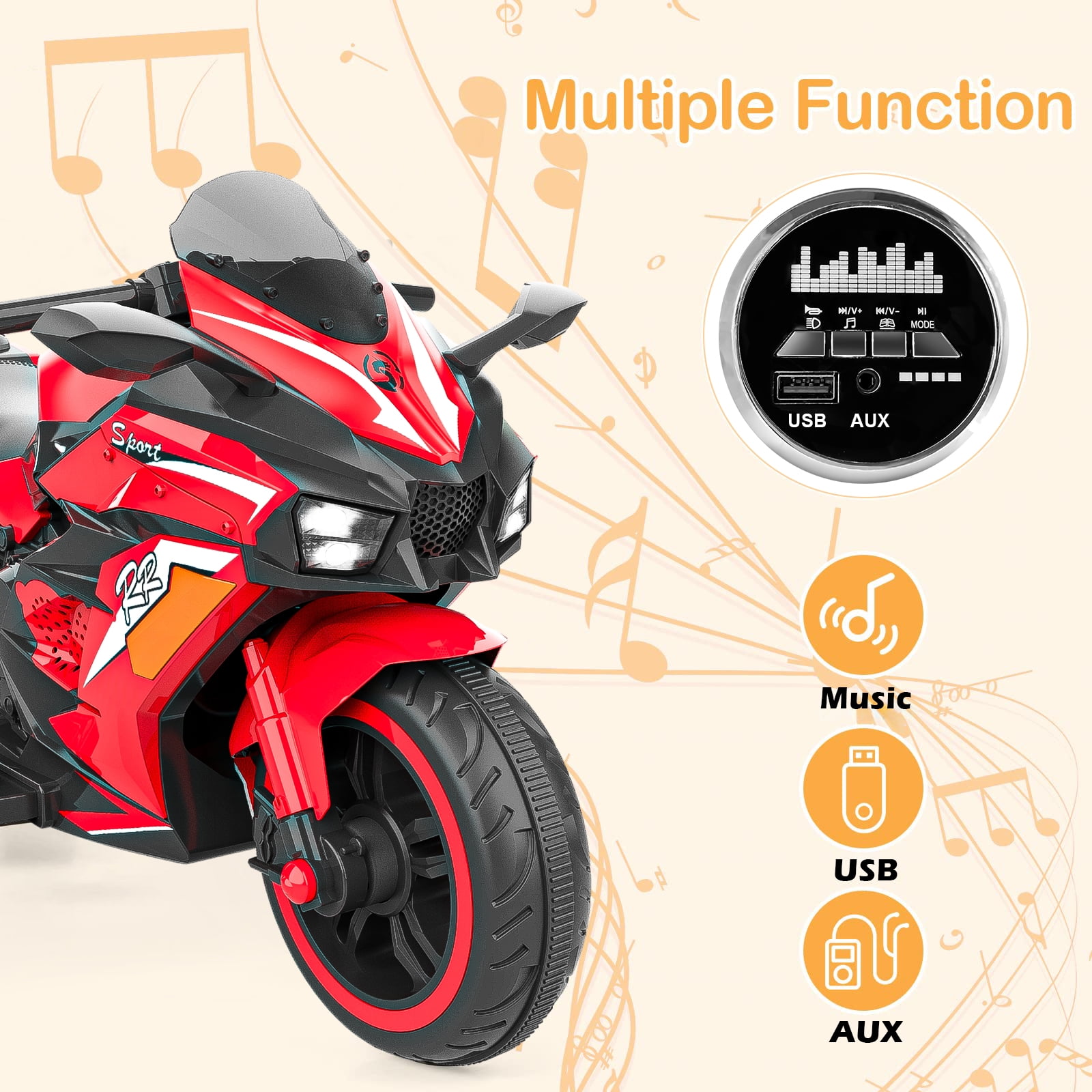 Techvida 12V Kids Electric Motorcycle for Child, Motorcyle for Kids with Bluetooth, LED Lights (Red)