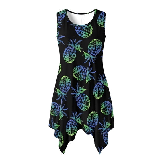 HELLHERO Side Pockets Summer Dresses, Blue Pineapple Sleeveless Dress Polyester Anti Wrinkle Asymmetric Hem Midi Dress Round Neck