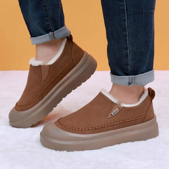 SYMOID Mens Winter Warm Slip-on Casual Shoes - Khaki Cloth Upper with Plush Fleece Lining, Anti-Slip Thick Sole, Low-Top Stitched Detail, Sizes 39-45,Size 40