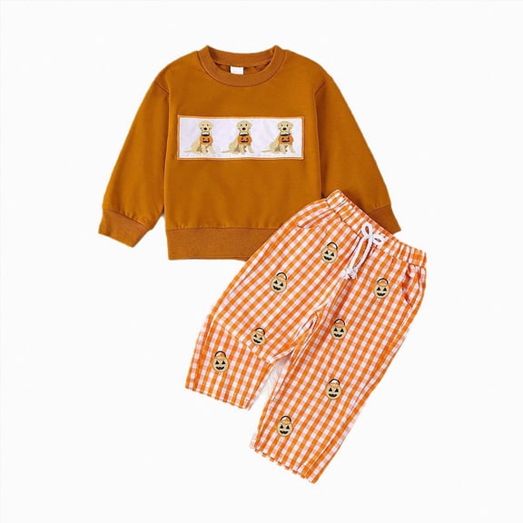 TOWED22 Toddler Baby Boy Girl Halloween Outfit Letter Cartoon Pumpkin Checkerboard Long Sleeve Sweatshirt Top and Pants Set,Brown,18-24 M