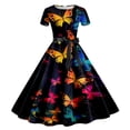 thumbnail image 1 of WILLBEST Robe Grise pour Femmes Imprimé Col Rond Manches Courtes Soirée Années 1950 Robe de Bal, 1 of 2