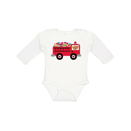 

Inktastic Valentine Fire Truck Heart Bear Gift Baby Boy or Baby Girl Long Sleeve Bodysuit