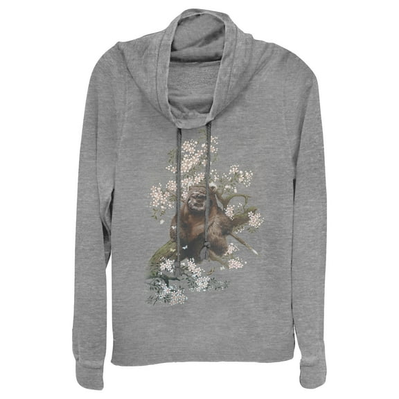 Junior's Star Wars Ewok in the Flowers  Cowl Neck Sweatshirt Gray Heather Large