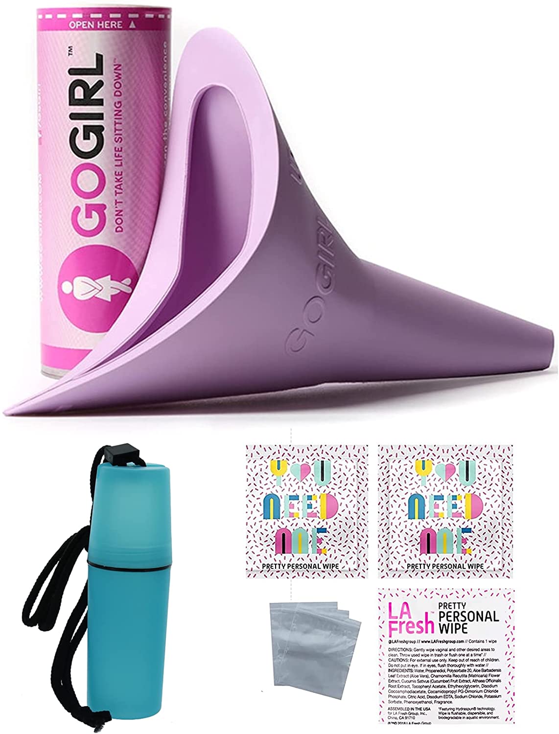 GoGirl Female Urination Device, Lavender & Blue Tote Holder. LA Fresh Feminine Natural Wipes & Extra Zip Baggies/