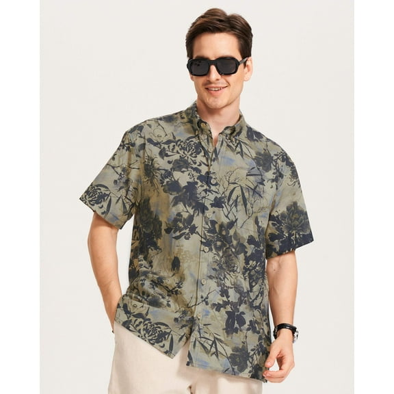 Yiume Men's Hawaiian Shirt Oriental Essence Floral Short Sleeve Button-down Shirts