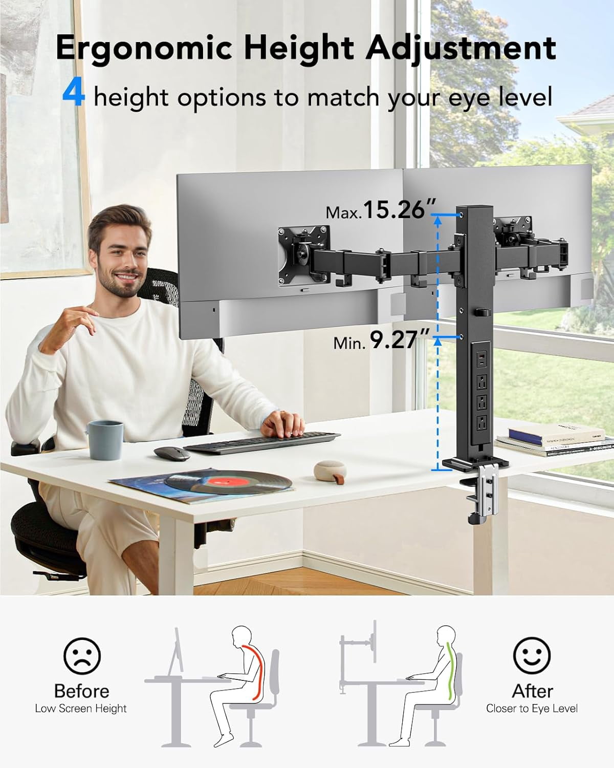 Dual Monitor Stand with Power Outlet, Full Motion Double Monitor Mount for 13-32 Inch Screens