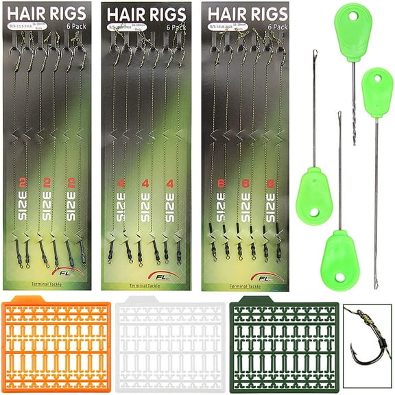 Carp Fishing Hair Rigs Kit,18pcs Braided Thread Boilies Carp Rigs with 3 Extender Boilie Bait Stops and Stringer Needle