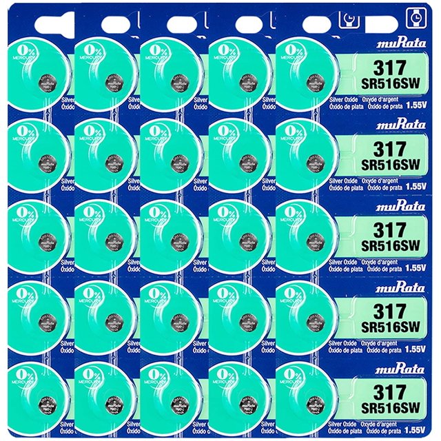 Murata 317 SR516SW Battery 1.55V Silver Oxide Watch Button Cell (25 Batteries)