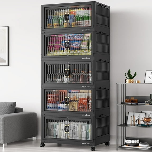 BROVIEW 100Gal Large Storage Bins with Lids, 400Qt Plastic Stackable Closet Organizer and Storage, Collapsible Storage Box with Wheels, Folding Storage Cabinet Containers for Home Office, 5Pack Black