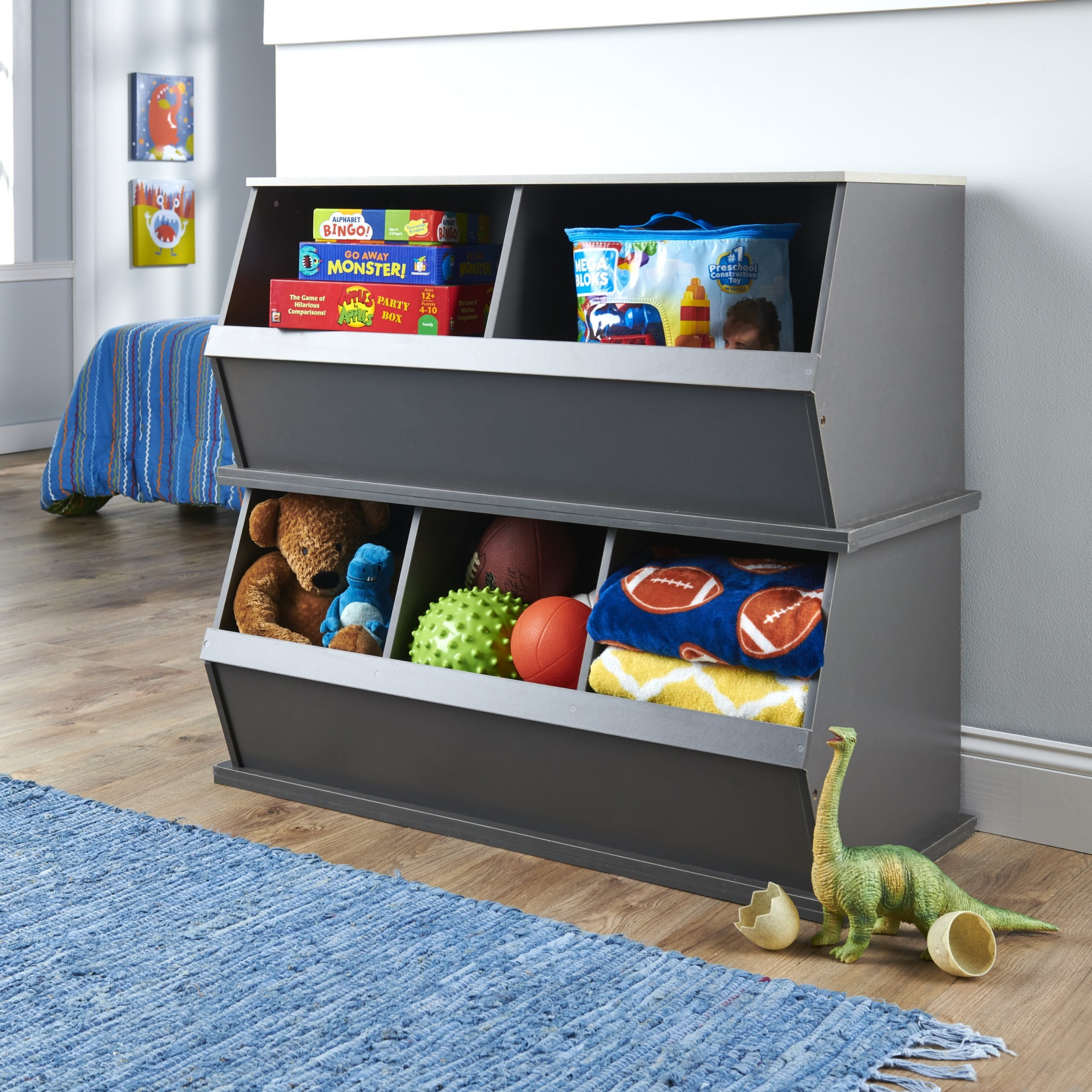 Badger Basket Children's Stackable Wooden 3-Bin 33 gal Toy Storage Cube, Charcoal & Gray