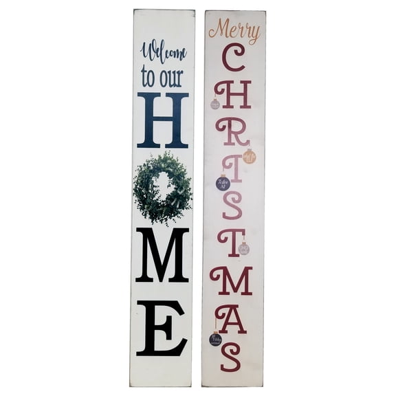 60 in x 10 in. "Merry Christmas (On the Back) Welcome to our Home with Gather in the Wreath" by Rough Cut Décor Wood Wall Art