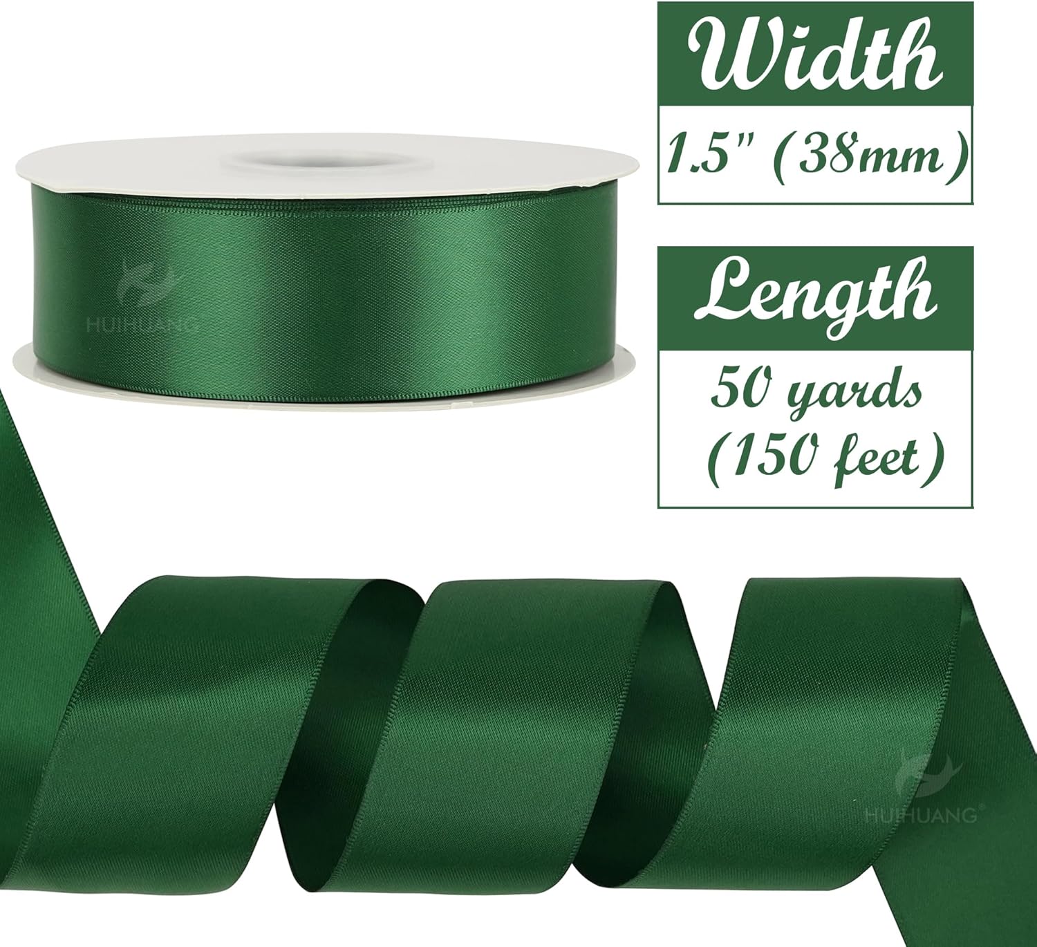 1-1/2 inch Double Face Satin Ribbon, Polyester Forest Green Ribbon 50 Yards Per Roll for Gift Wrapping Bows Making Floral Bouquet Christmas Tree Decor Party Favor and Craft Supplies