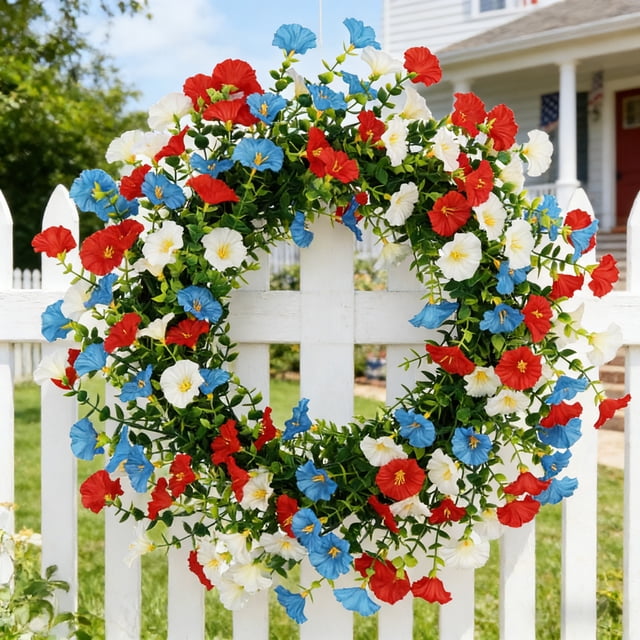 Couronnes Patriotiques de 20 Pouces pour Porte d'Entrée Couronne du 4 Juillet Couronne de la Fête de l'Indépendance avec Fleurs de Tulipes Rouges Blanches et Bleues pour Fenêtre Mur Porche avant Drapeau Commémoratif Jour 250e Anniversaire Décoration USA