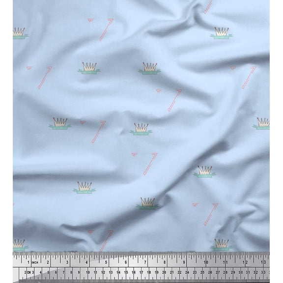 Soimoi Blue Poly Georgette Fabric Text & Crown Kids Decor Fabric Printed Yard 42 Inch Wide