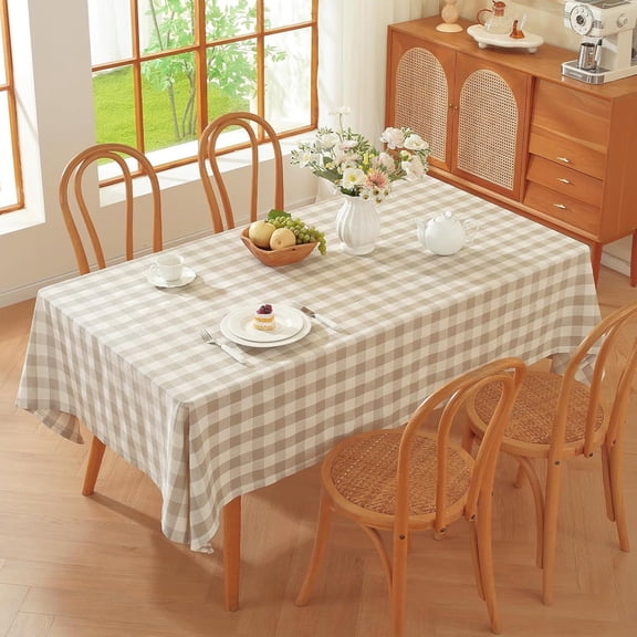Gingham Tablecloth Rectangle 60"x 106", Beige Buffalo Checkered Table Cloth, Cotton Linen Wrinkle Free Washable Farmhouse Fabric Plaid Table Cover for Kitchen Outdoor Picnic