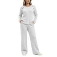 thumbnail image 4 of Large Size Hungry Ribbed Knitted Suit Women's Shoulder Button Decoration Long Sleeved Top Wide Leg Pants Two-Piece Set White M, 4 of 8