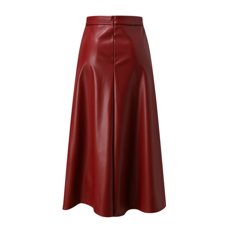 Kcocoo Womens Solid Color High Waist Faux Leather Skirt A Line Long Skirts  PU Red XL