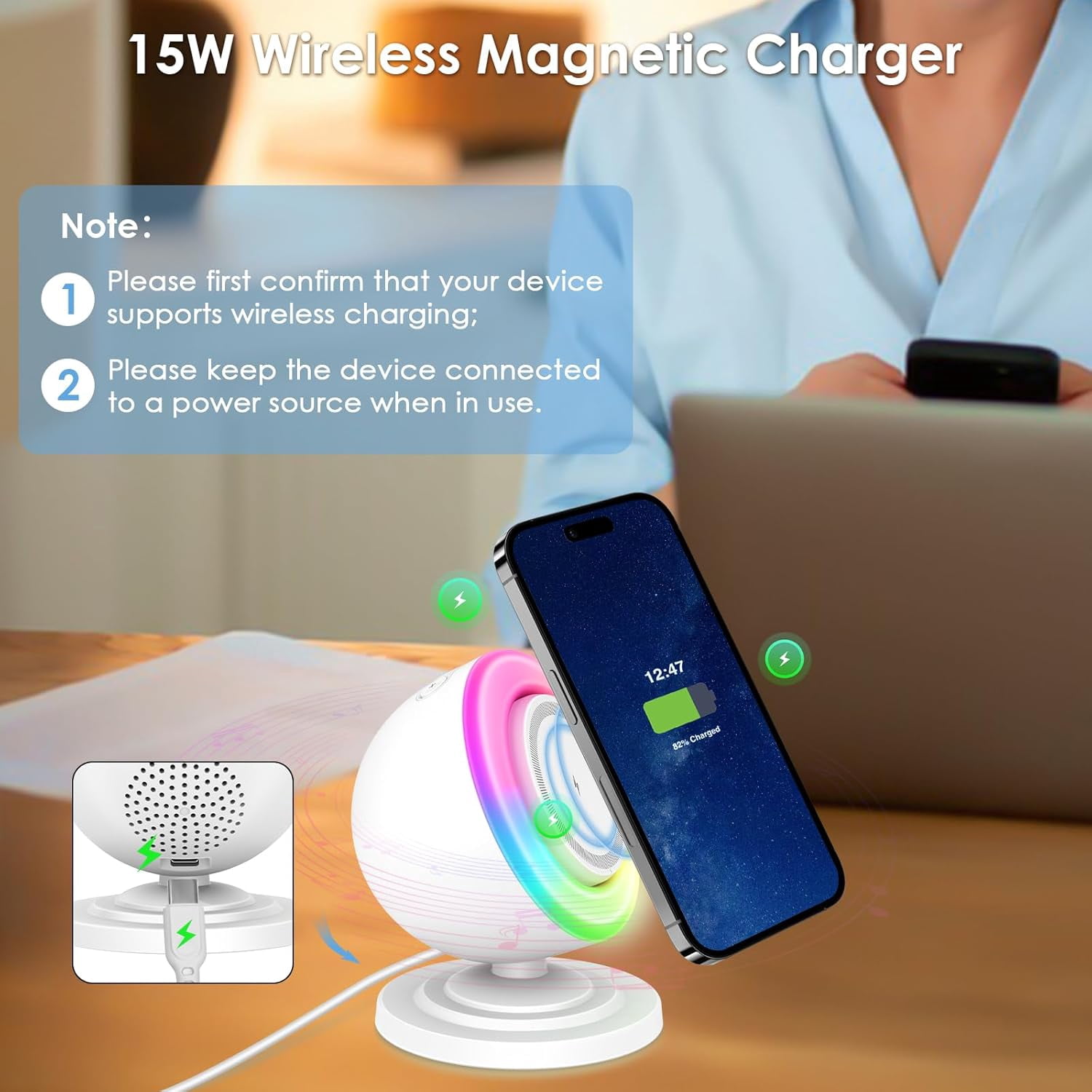 Magnetic Wireless Charger with Bluetooth Speaker and Night Lights, 4 in 1 Charger Stand for iPhone 12-16 Series,Charge While Listening to Music with RGB Lights for Home Decor, Bedroom, Office Charger