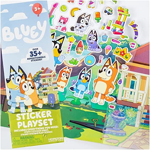 Bluey Sticker Playset, Pegatinas Bluey reutilizables para niños, Set de juego interactivo de pegatinas hinchadas, Regalo perfecto de fiesta de cumpleaños Bluey, Juguete de viaje por carretera, Mejorar