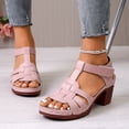thumbnail image 3 of Sandals Women Open Toe Splice Leather Heels Chunky Heeled Trendy T-Strap Slingback Pumps Adjustable Ankle Strap Casual Summer Dress Shoes Pink Size 7, 3 of 6