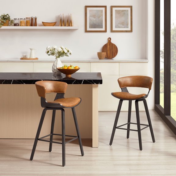Art Leon 26.96" H Upholstered Counter Bar Stool with Wood Frame & Metal Footrest, Set of 2, Brown