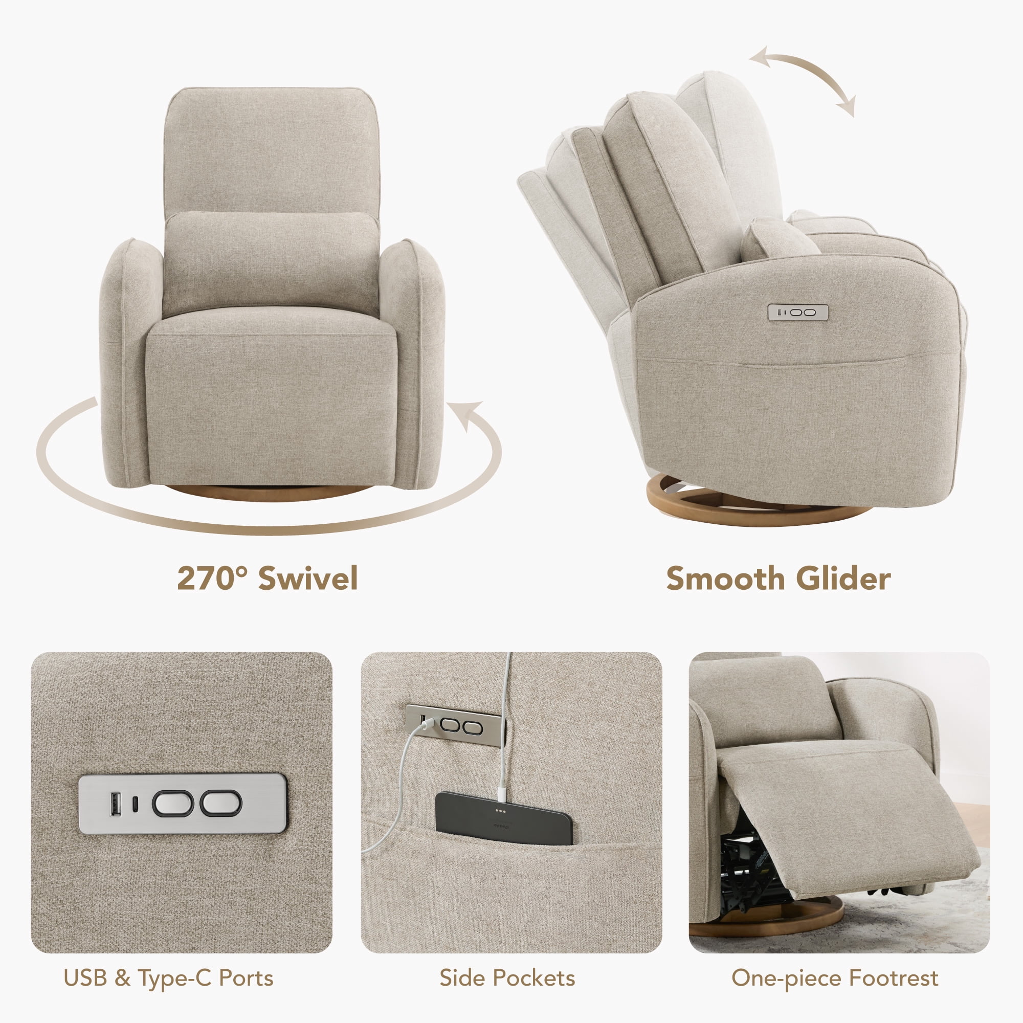Spruce & Spring Power Swivel Nursery Glider Recliners with Lumbar Pillow and Charging Port, Khaki
