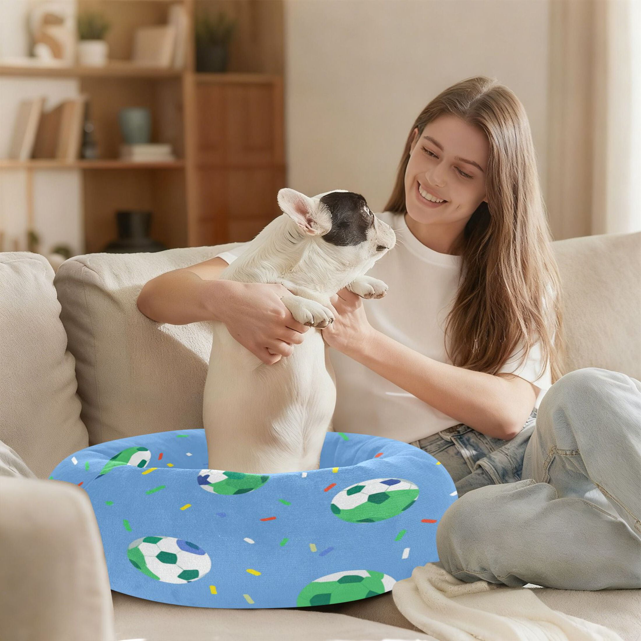Iauyy Pet Couch Donut Cat Bed for Indoor Cats/Small Dogs Washable & Machine with Non-slip Bottom Calming Cat Furniture, Football Illustration (M)