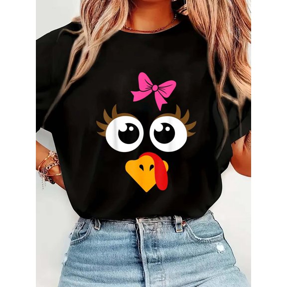 Cute Thanksgiving Turkey Face Shirt Women Girls Turkey DayCrew Neck Graphic Tee Cotton Women T-Shirt