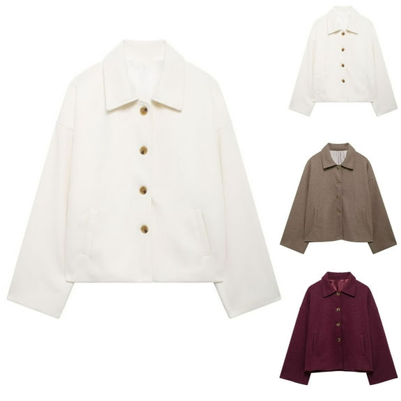 Bixock Outerwear for Women Fall and Winter Fashion Long Sleeve Notched Lapel Loose Versatile Pocket Detail Short Wool Jacket
