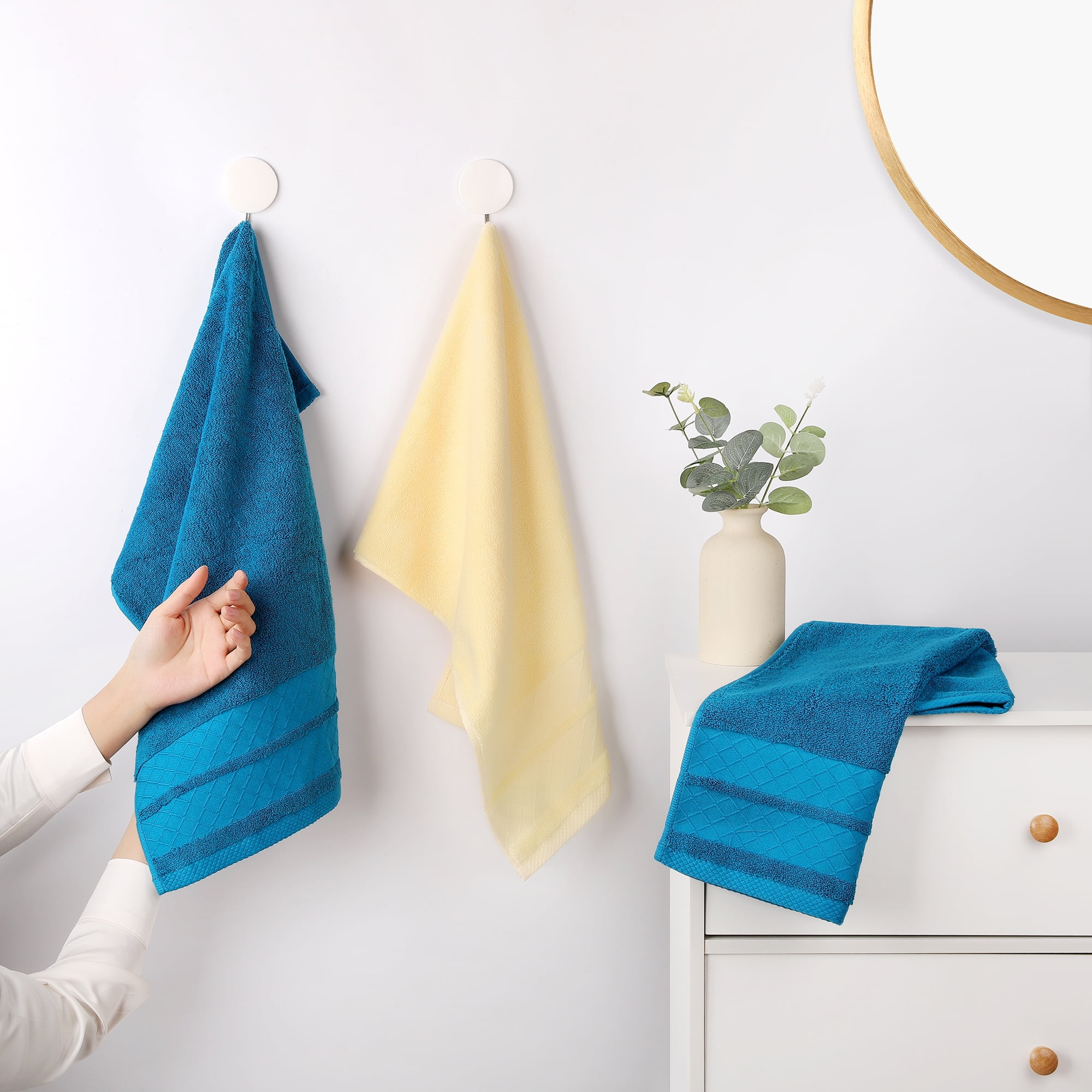 Unique Bargains 4 Pack Geometry Pattern Cotton Soft Hand Towels Brown/Blue 14" x 30"