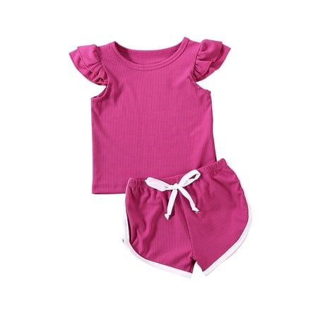 

Kids Girls Clothing Outfits Short Sleeve Ribbed Knitted T-shirt Top Shorts Pants Tracksuits 2PCS Ruffles Pullover Shorts Infant Girls Summer Casual Clothes