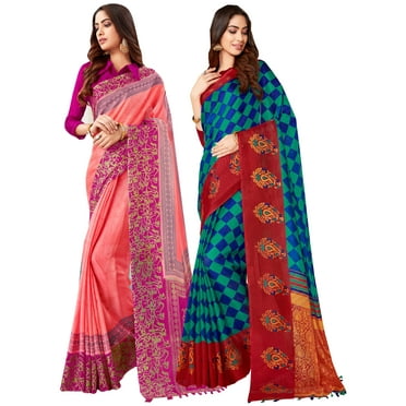 Pack of Two Saree for Women Printed Linen Silk Indian Wedding Sarees | Diwali Ethnic Gift Sari Combo Set