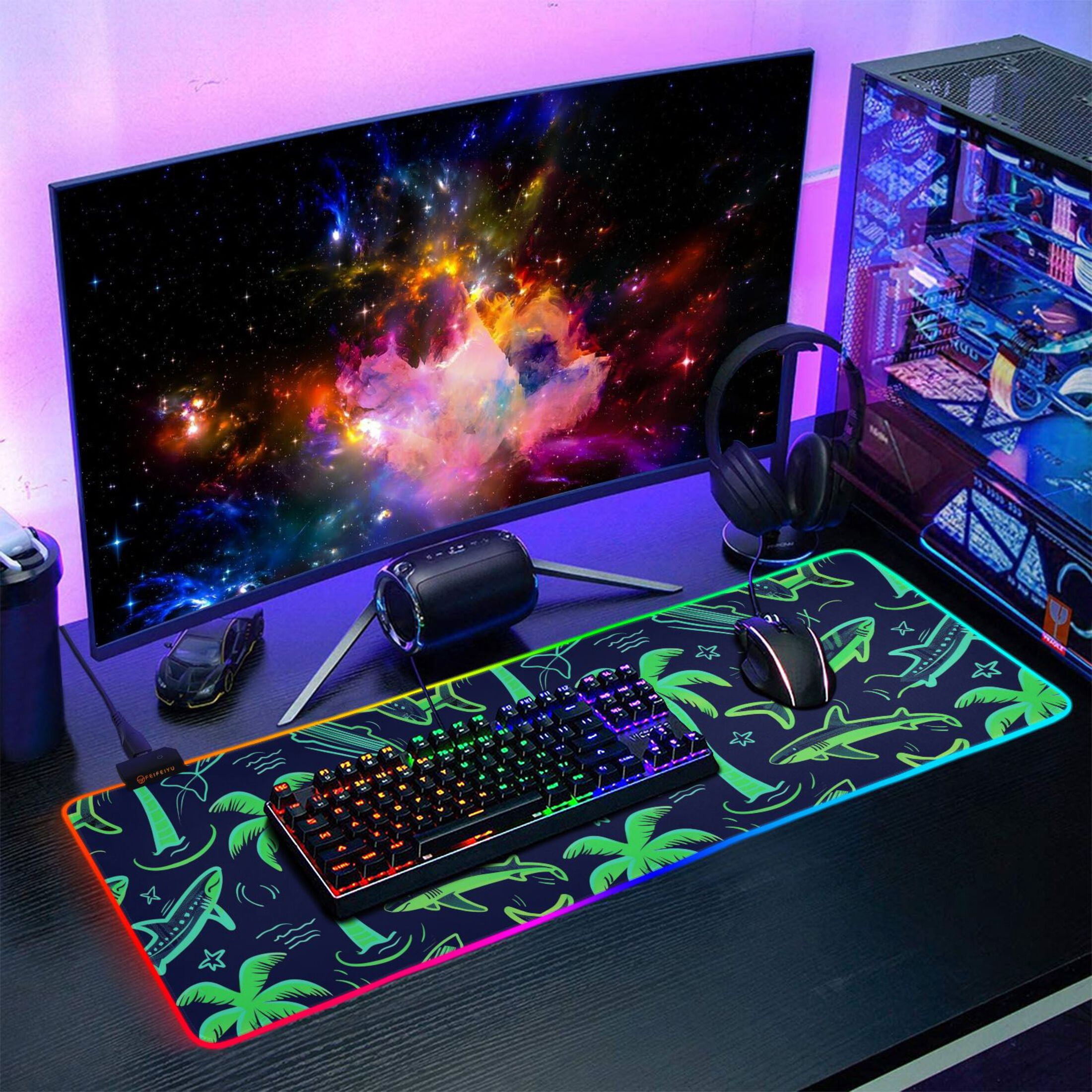 Large RGB Gaming Mouse Pad Led Glowing Mousepad Non-Slip Rubber Base 13 Light Modes 31.5x11.8 Neon Green Shark and Palm Trees