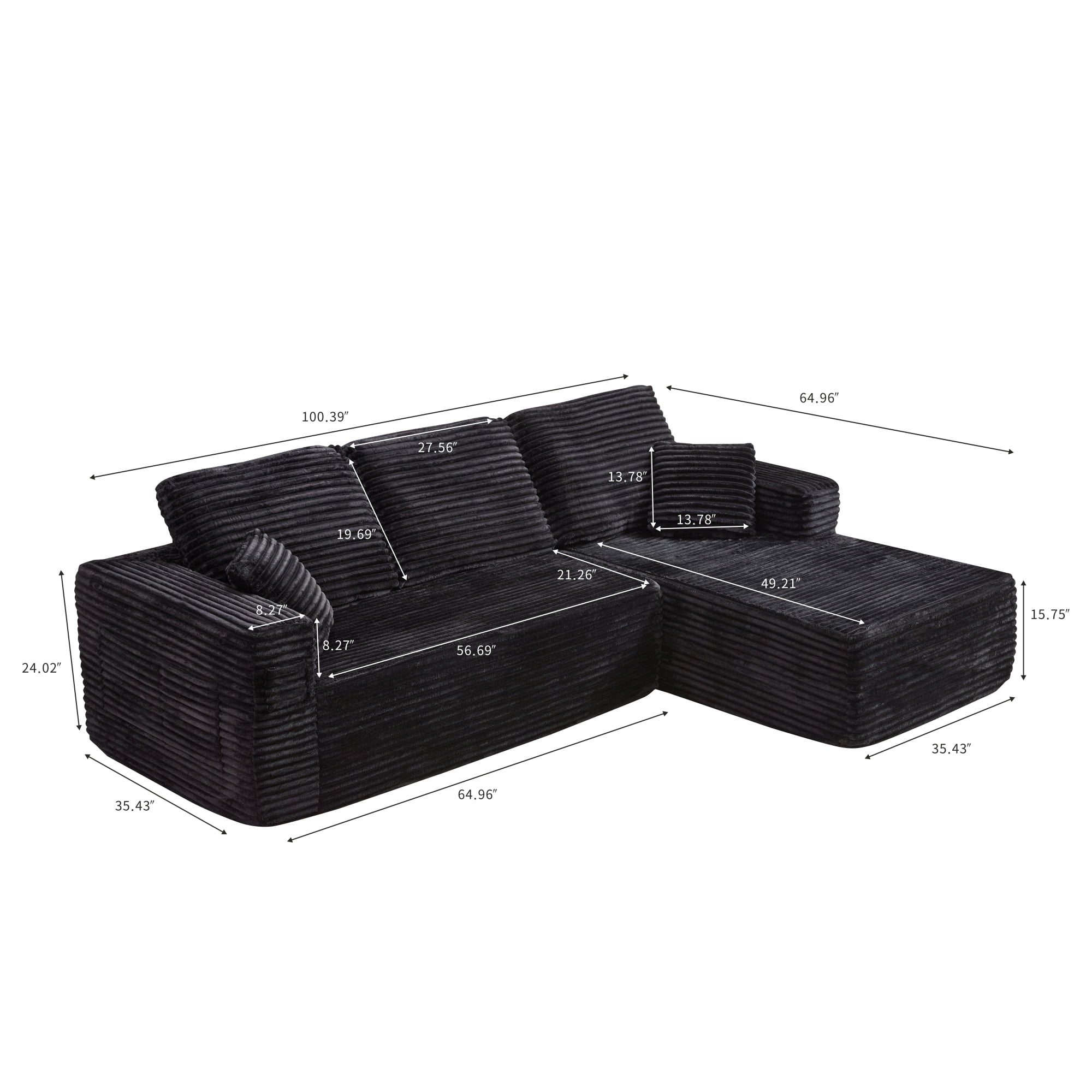 HOQBN 100.39" Cloud Sectional Couch with R-Shape Chaise,Modern Modular Sofa with Deep Seat,No Assembly Required,Compressed Packaging for Living Room Black