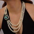thumbnail image 6 of 1920s 3-strand White Faux Pearl Necklace and Earrings Set Emerald Crystal and Rhinestone Long Pearl Necklace Statement Women Jewelry, 6 of 12